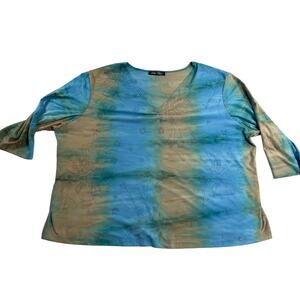 Only Nine Woman Top Metallic Thread Sparkle Floral Tye Dye Blue Green Brown